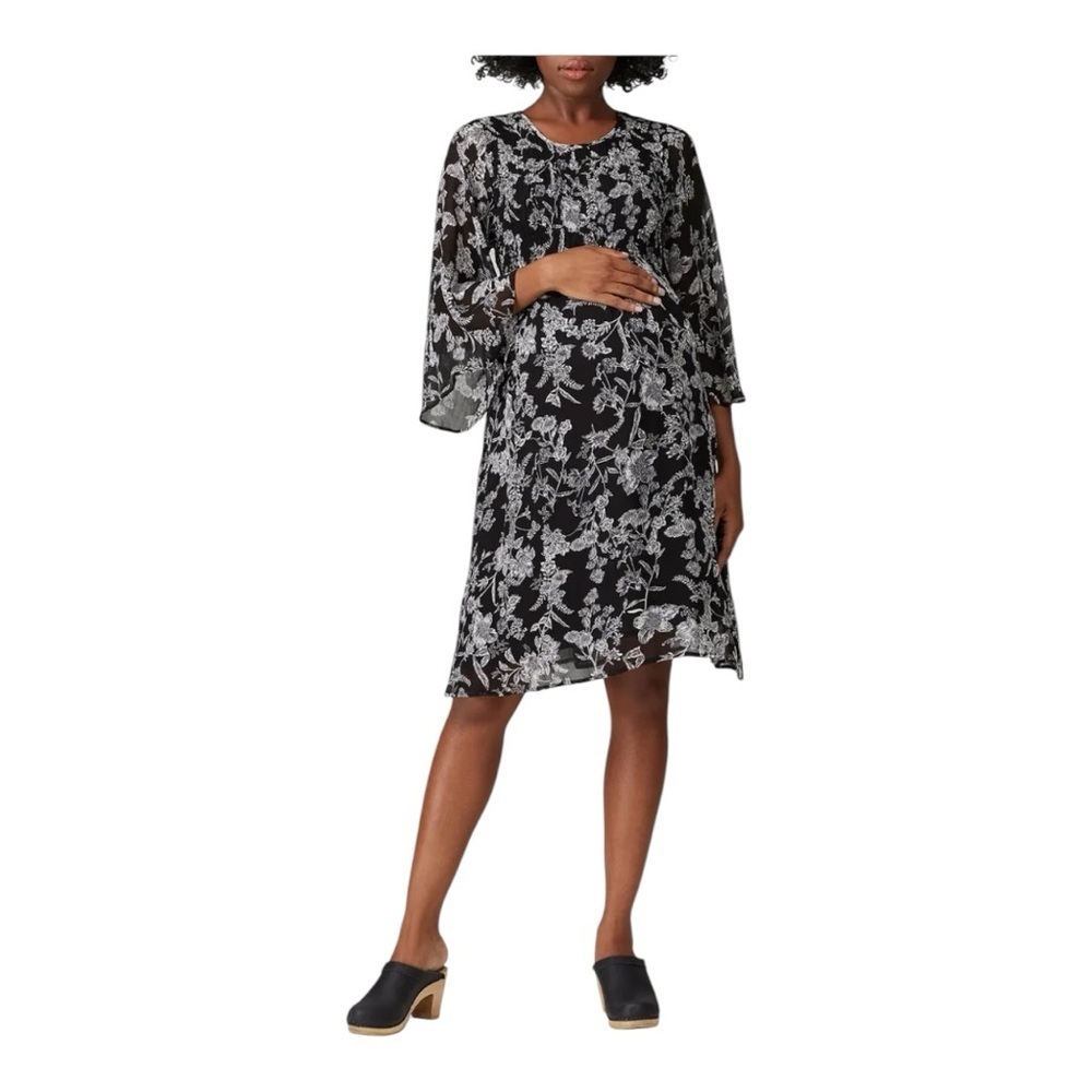 Ripe Maternity Dress Smocked Top 3/4 Sleeves Black & White Floral Print Large
